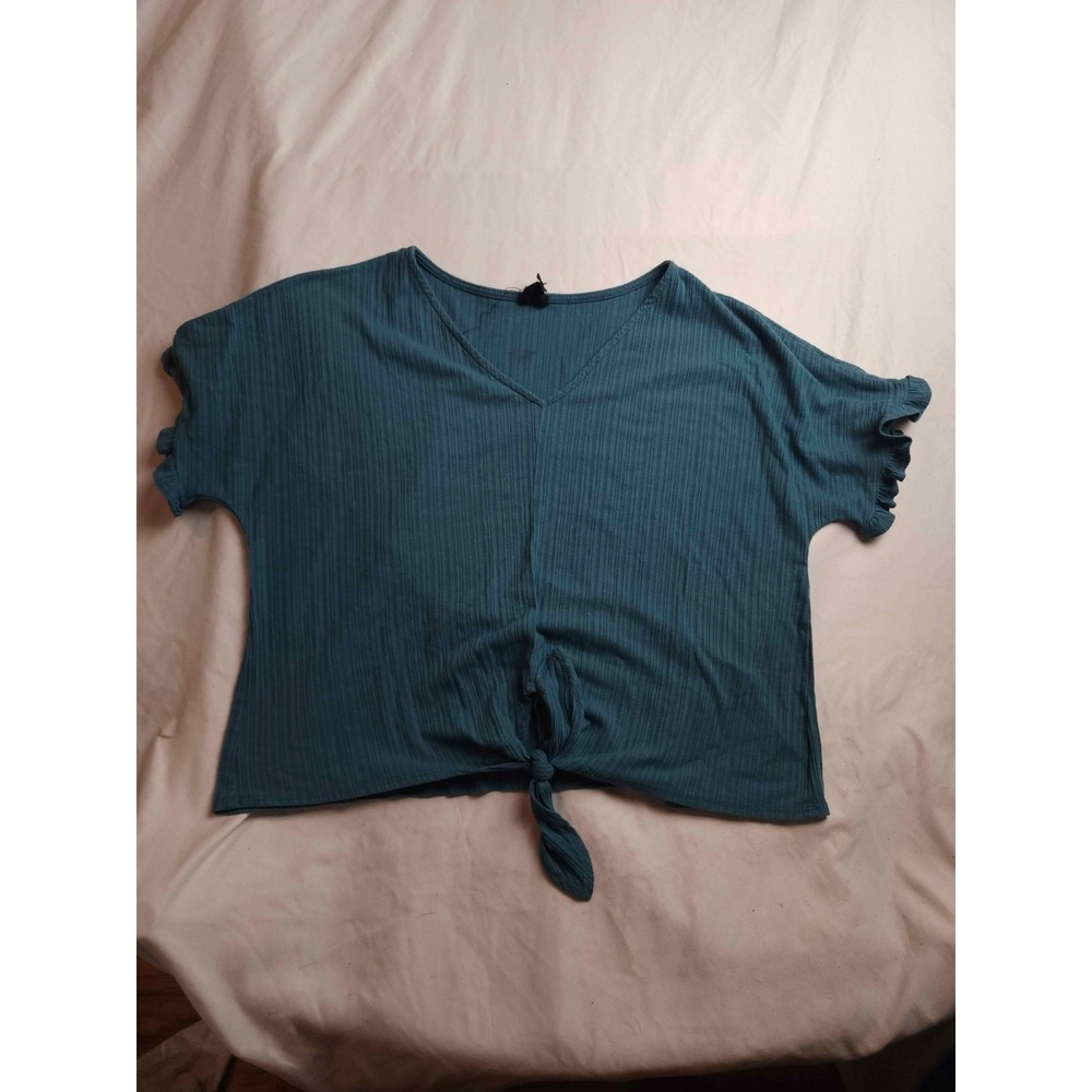 Womens Shirt Top Womens Large Green Striped Tie Front Short Sleeve V-Neck Casual
